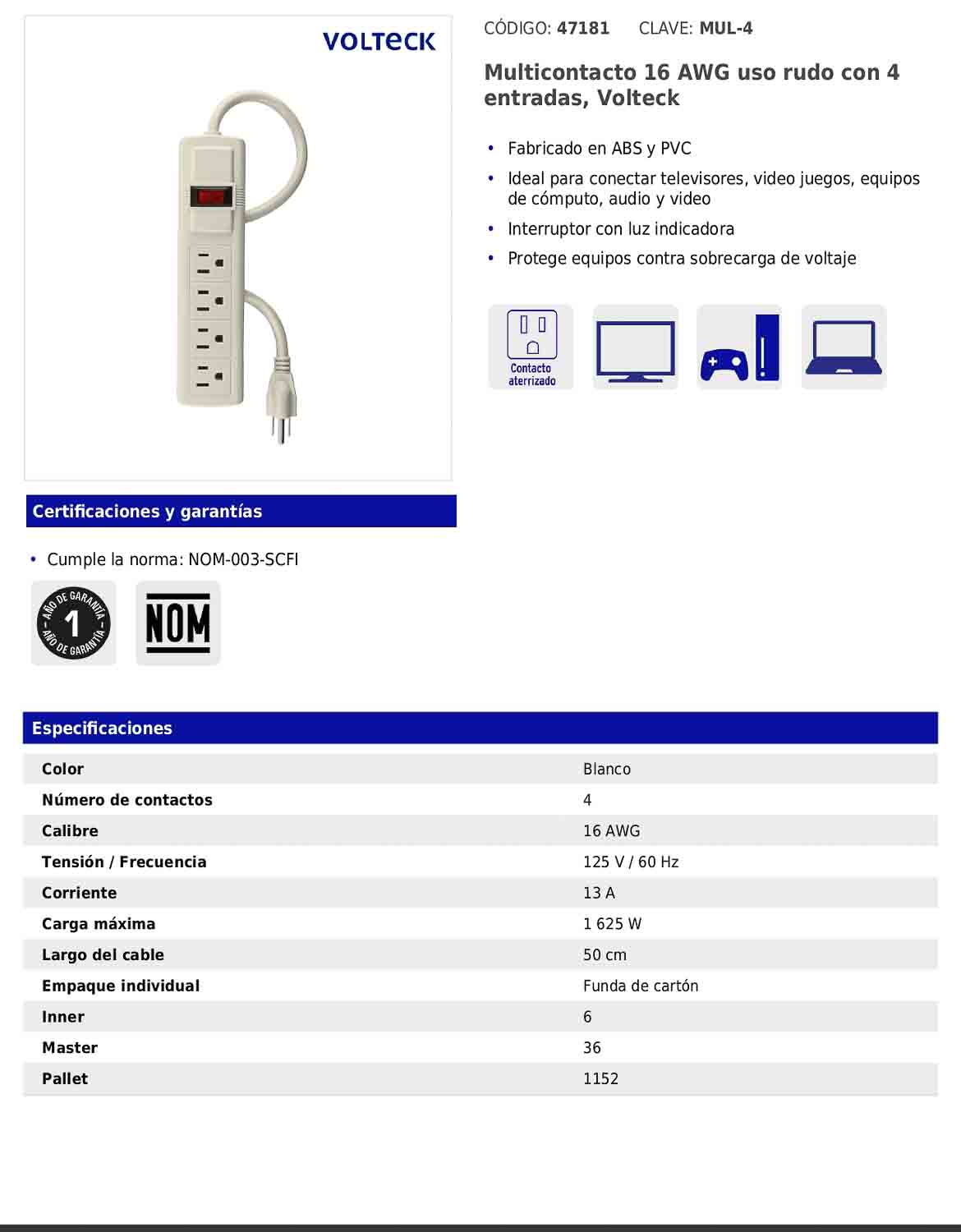 Regleta multicontacto de 6 entradas calibre 16 AWG para uso doméstico