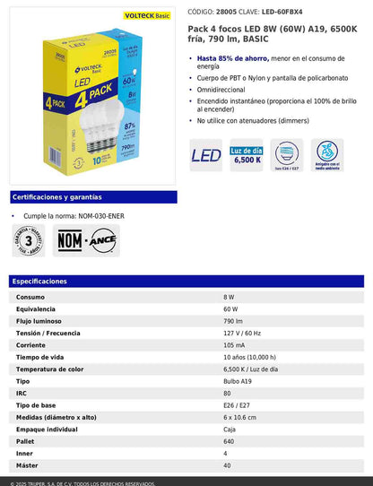 Pack de 4 focos LED 8W A19 6500K blanca fría 790 lm BASIC