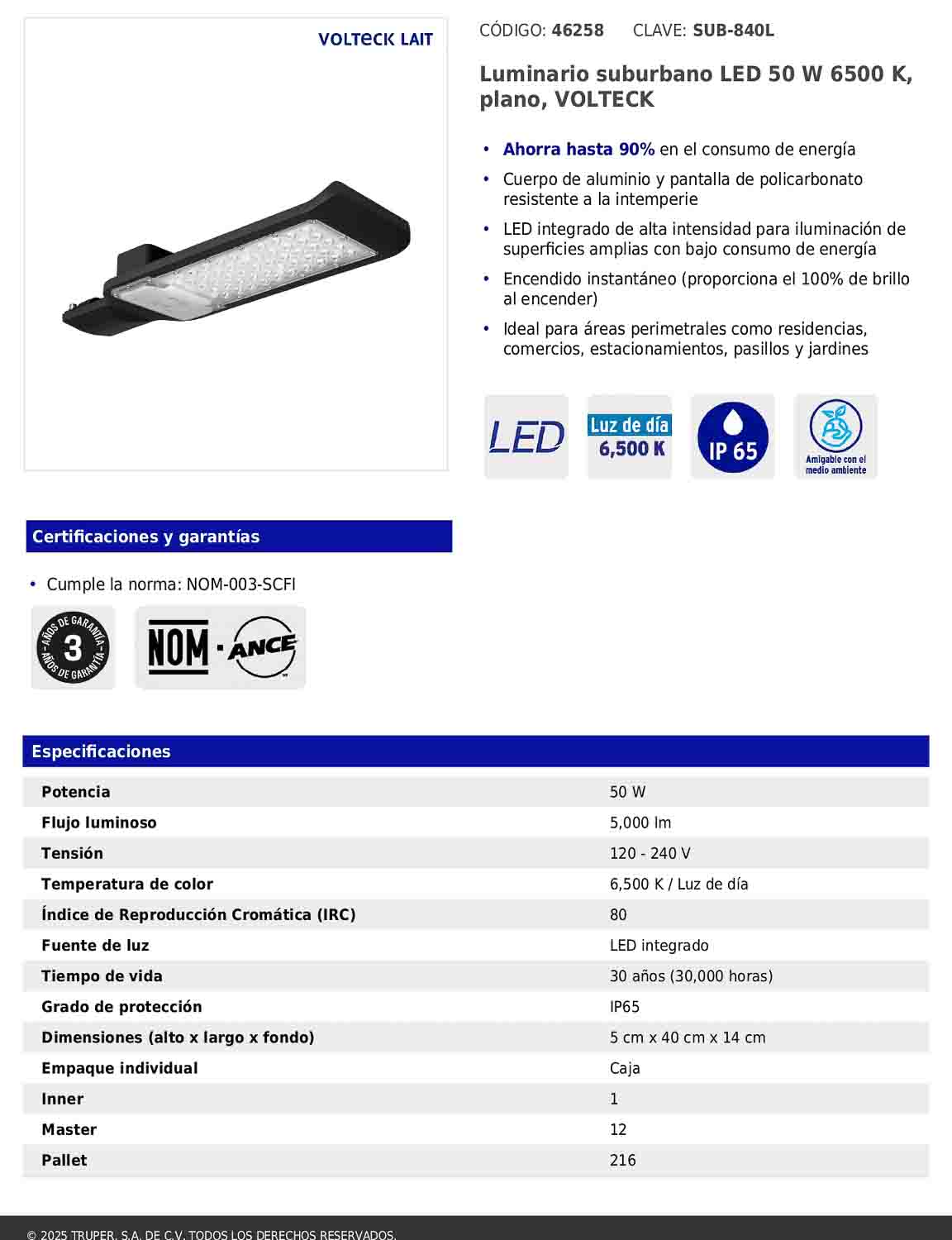 Luminario suburbano LED de 50 W con temperatura de color 6 500 K