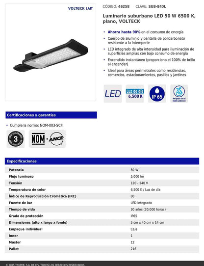 Luminario suburbano LED de 50 W con temperatura de color 6 500 K