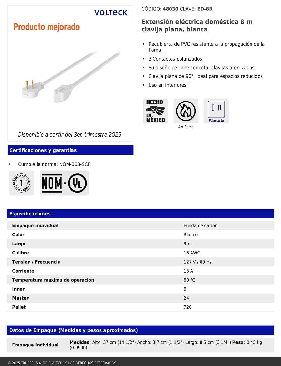 Extensión eléctrica doméstica de 8 m con clavija plana blanca