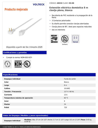 Extensión eléctrica doméstica de 8 m con clavija plana blanca