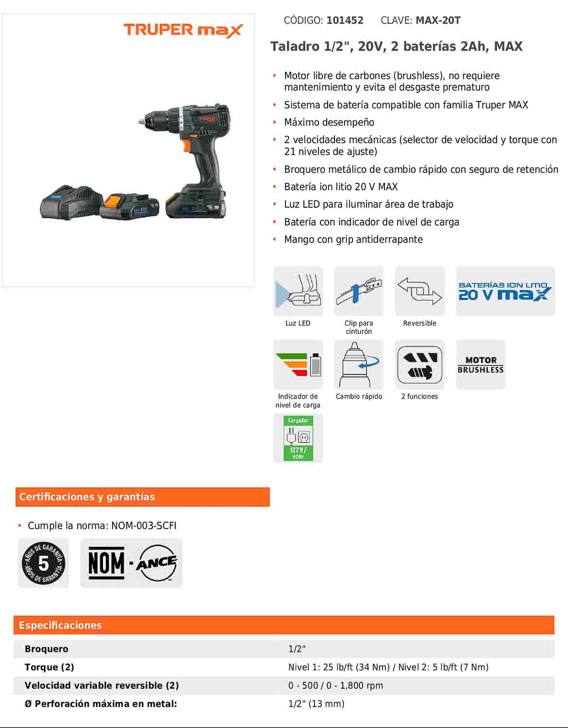 Taladro inalámbrico de 1/2 in con batería 20 V y dos velocidades