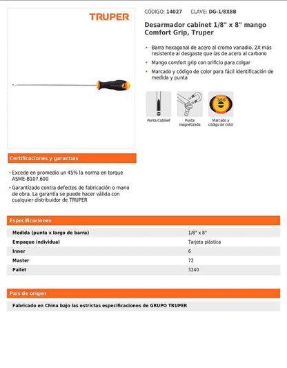 Desarmador cabinet de 1/8 con barra de 20.32 cm y mango Comfort Grip