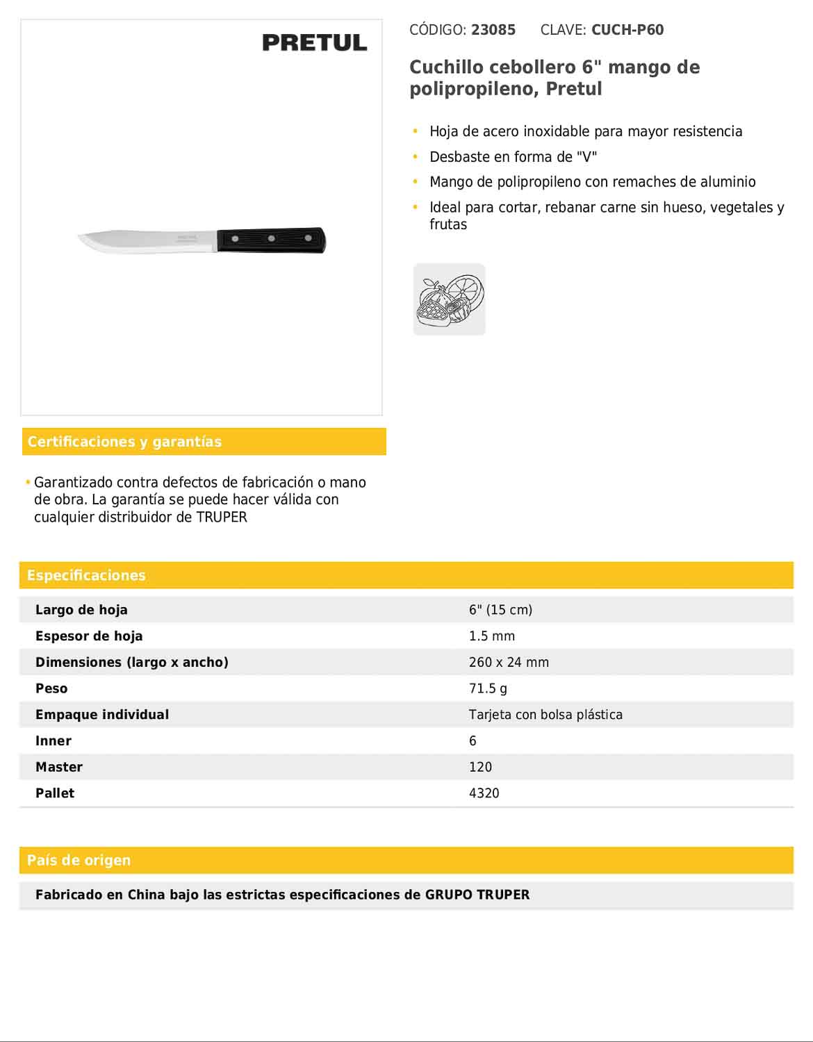 Cuchillo cebollero de 6 pulgadas con mango de polipropileno