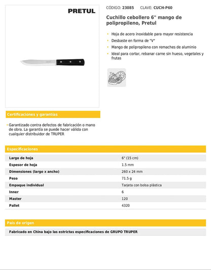 Cuchillo cebollero de 6 pulgadas con mango de polipropileno