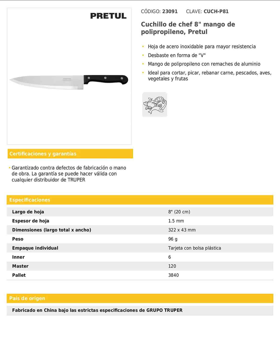 Cuchillo de chef de 8 pulgadas con mango de polipropileno