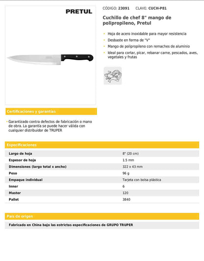 Cuchillo de chef de 8 pulgadas con mango de polipropileno