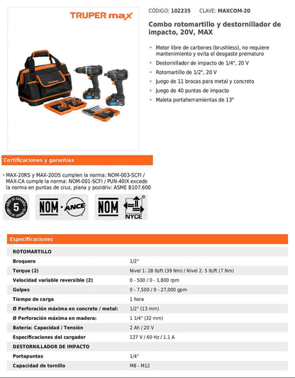 Combo de rotomartillo y destornillador de impacto con batería 20 V