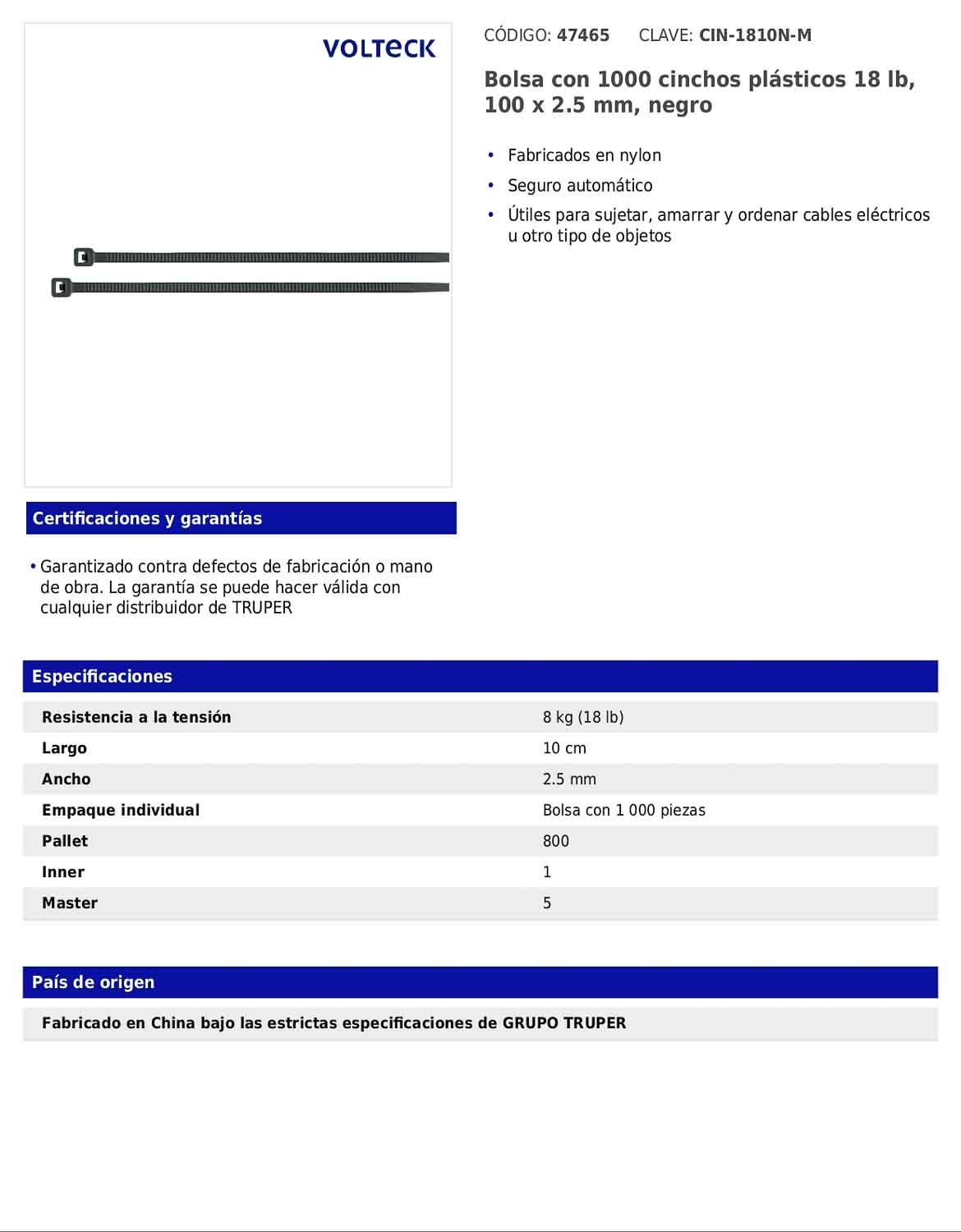 Bolsa con 1000 cinchos plásticos 18 lb de 100 x 2.5 mm negro