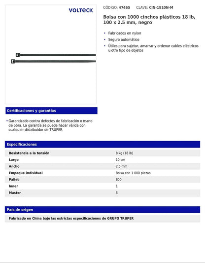 Bolsa con 1000 cinchos plásticos 18 lb de 100 x 2.5 mm negro