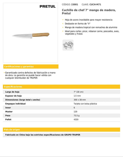 Cuchillo de chef de 7 pulgadas con mango de madera