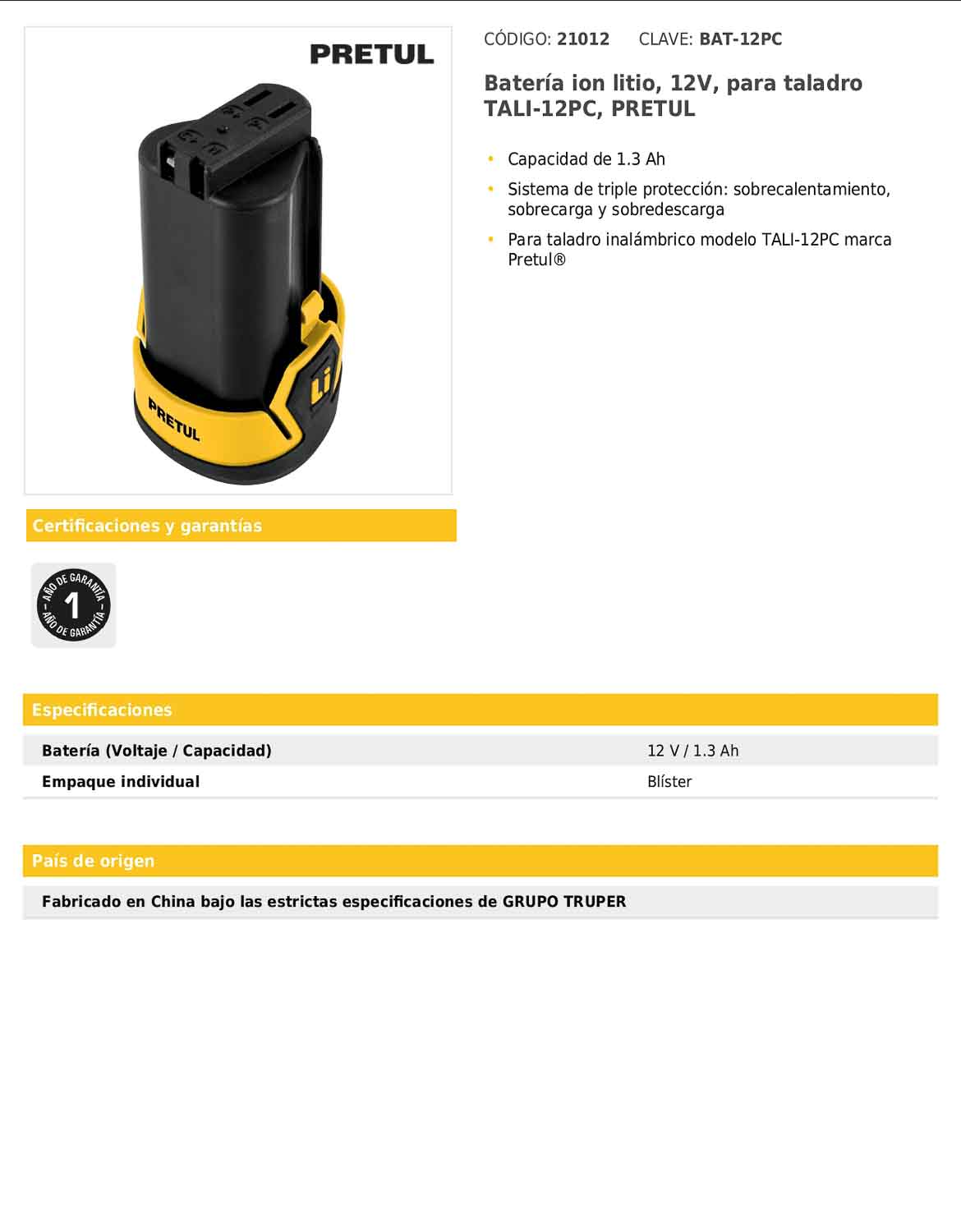Batería de ion litio de 12 V con capacidad de 1.3 Ah