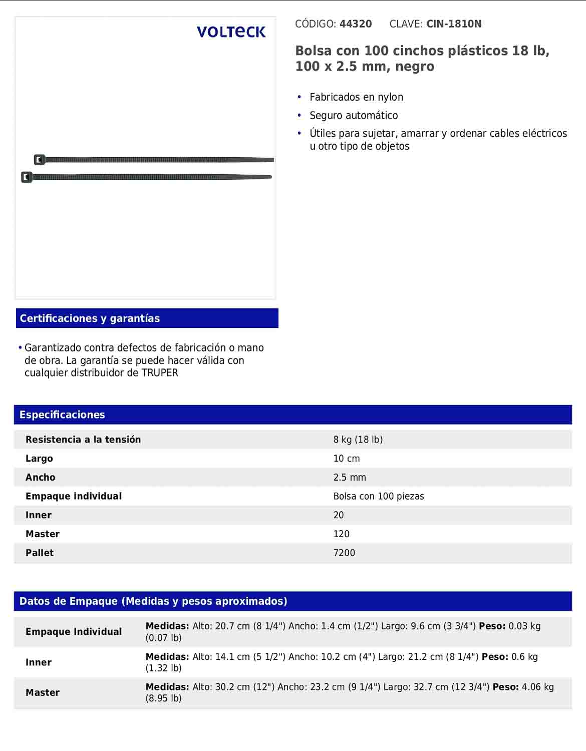 Bolsa con 100 cinchos plásticos 18 lb 100 x 2.5 mm negro