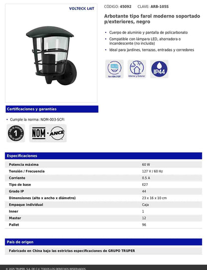 Arbotante tipo farol moderno soportado para exteriores