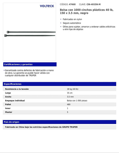 Bolsa con 1000 cinchos plásticos 40 lb 150 x 3.5 mm negro