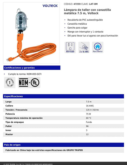 Lámpara de taller con canastilla metálica 7.5 m