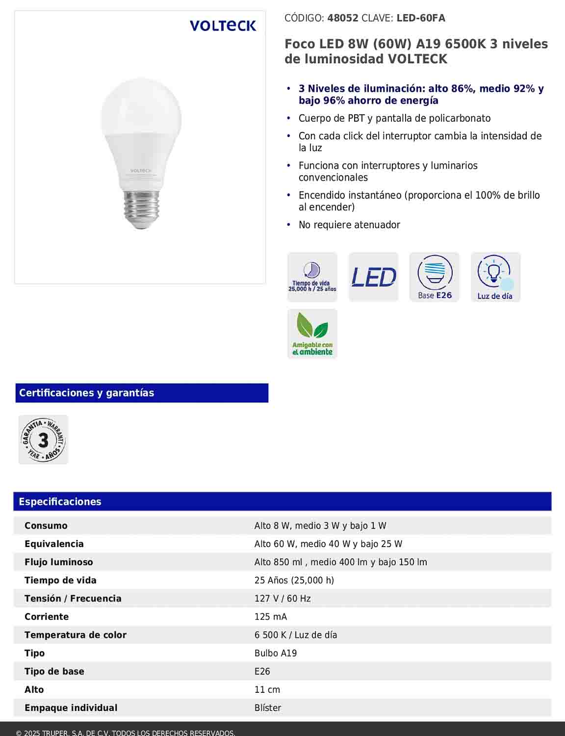 Foco LED 8W A19 6500K con 3 niveles de luminosidad