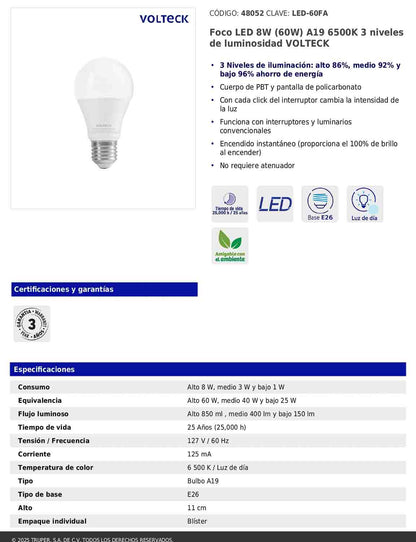 Foco LED 8W A19 6500K con 3 niveles de luminosidad