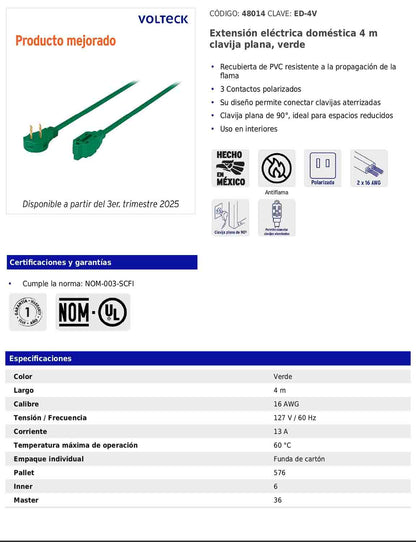Extensión eléctrica doméstica de 4 m con clavija plana verde