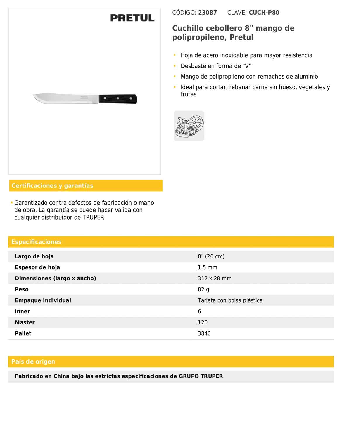 Cuchillo cebollero de 8 pulgadas con mango de polipropileno