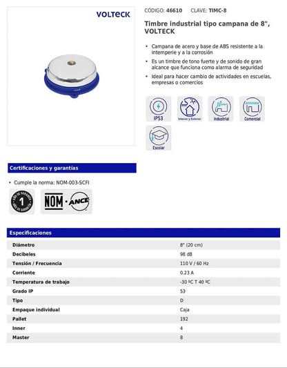 Timbre industrial tipo campana de 8" de 110 V con tono fuerte para alarma