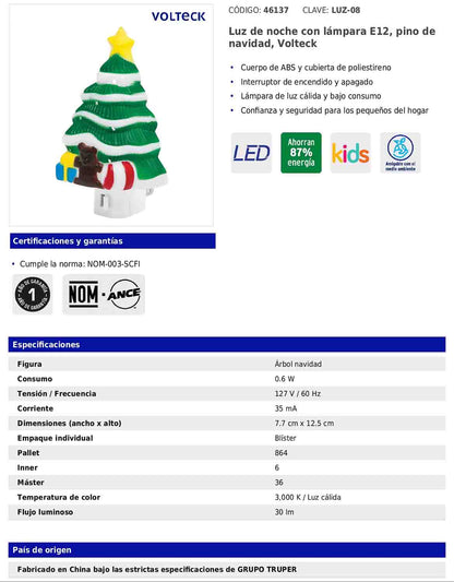 Luz de noche con lámpara E12 con figura de árbol de Navidad