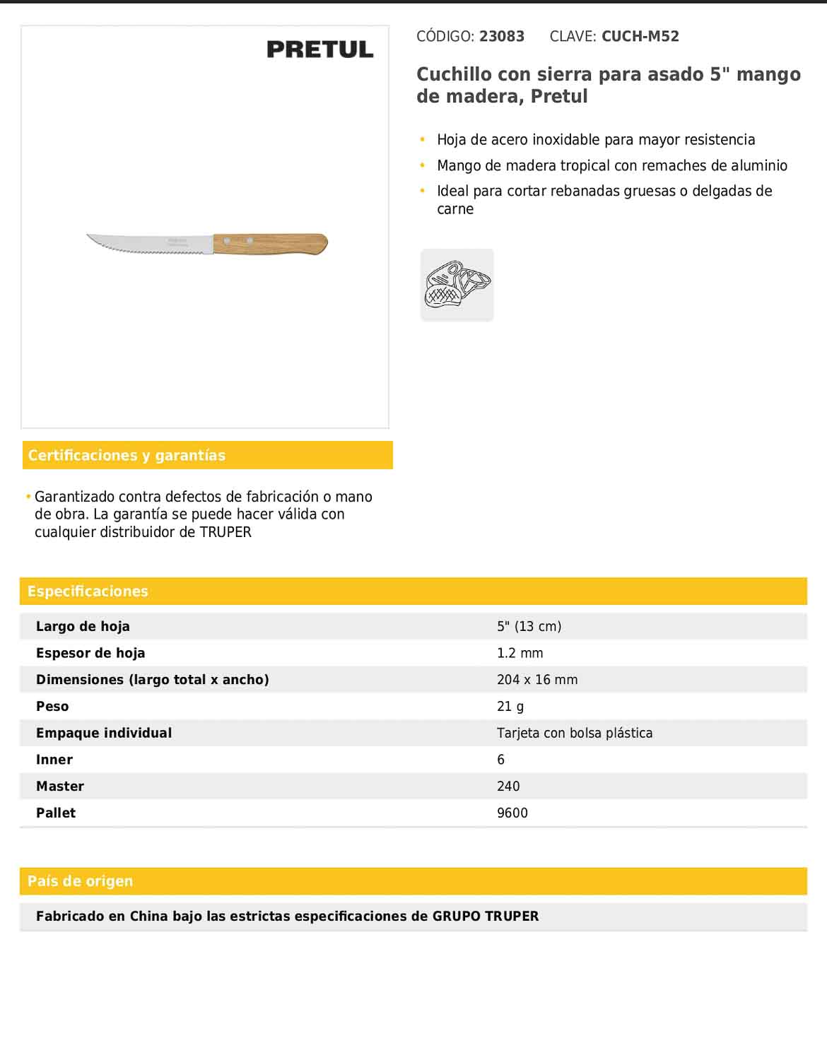 Cuchillo con sierra para asado de 5 pulgadas con mango de madera