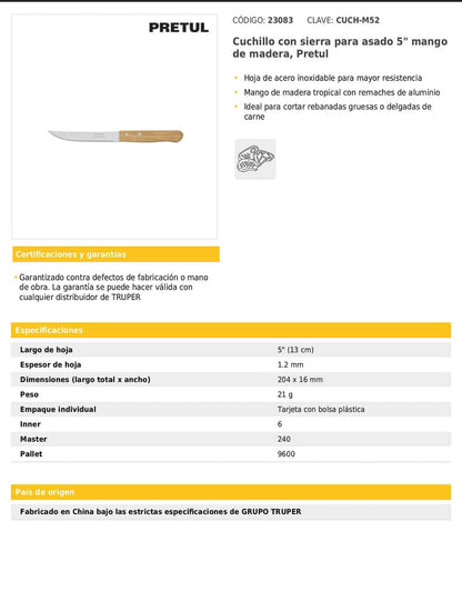 Cuchillo con sierra para asado de 5 pulgadas con mango de madera