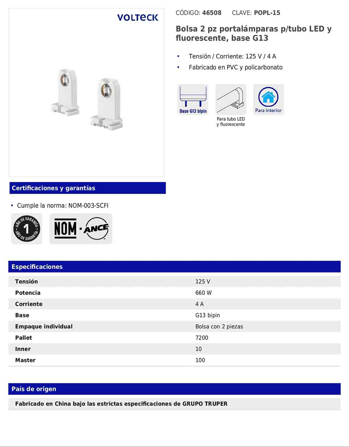 Portalámparas para tubo LED con base G13 en bolsa de 2 piezas