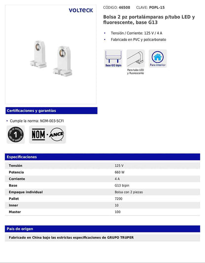 Portalámparas para tubo LED con base G13 en bolsa de 2 piezas