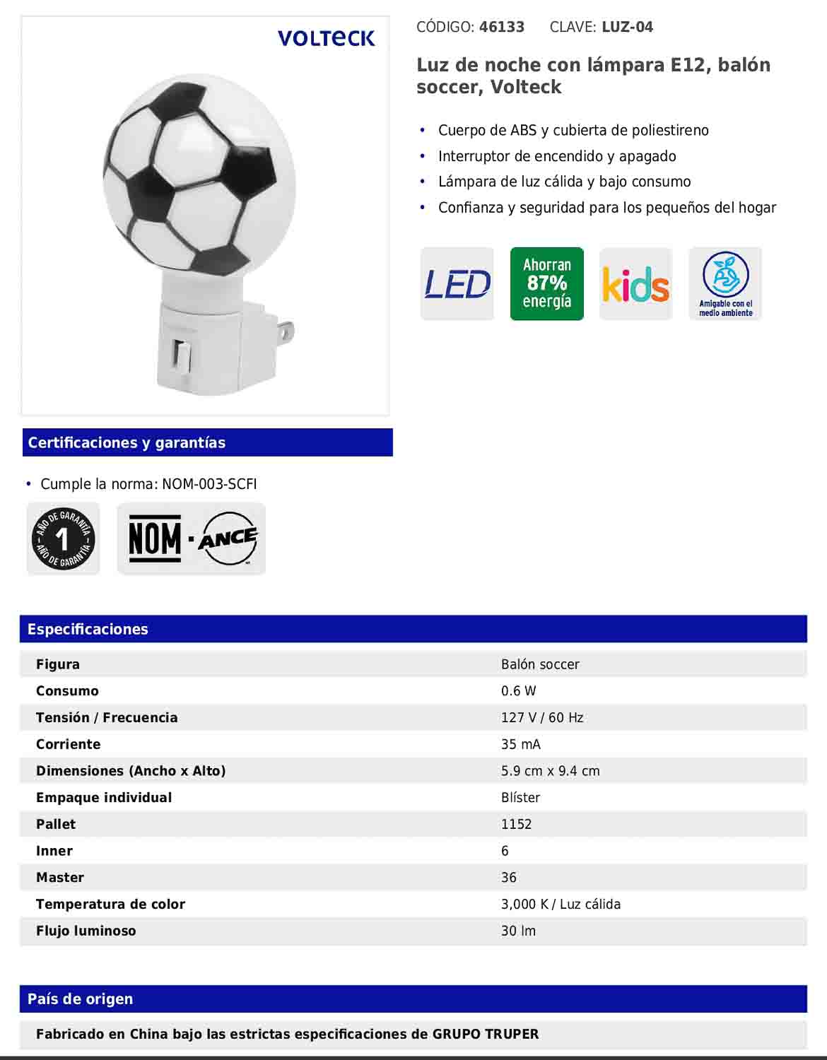 Luz de noche con lámpara E12 con figura de balón soccer