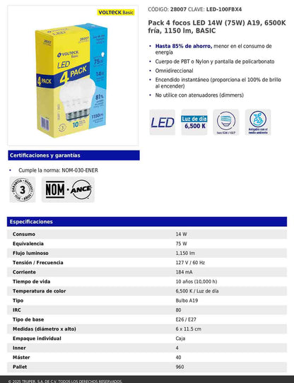 Pack de 4 focos LED 14W A19 6500K blanca fría 1150 lm BASIC