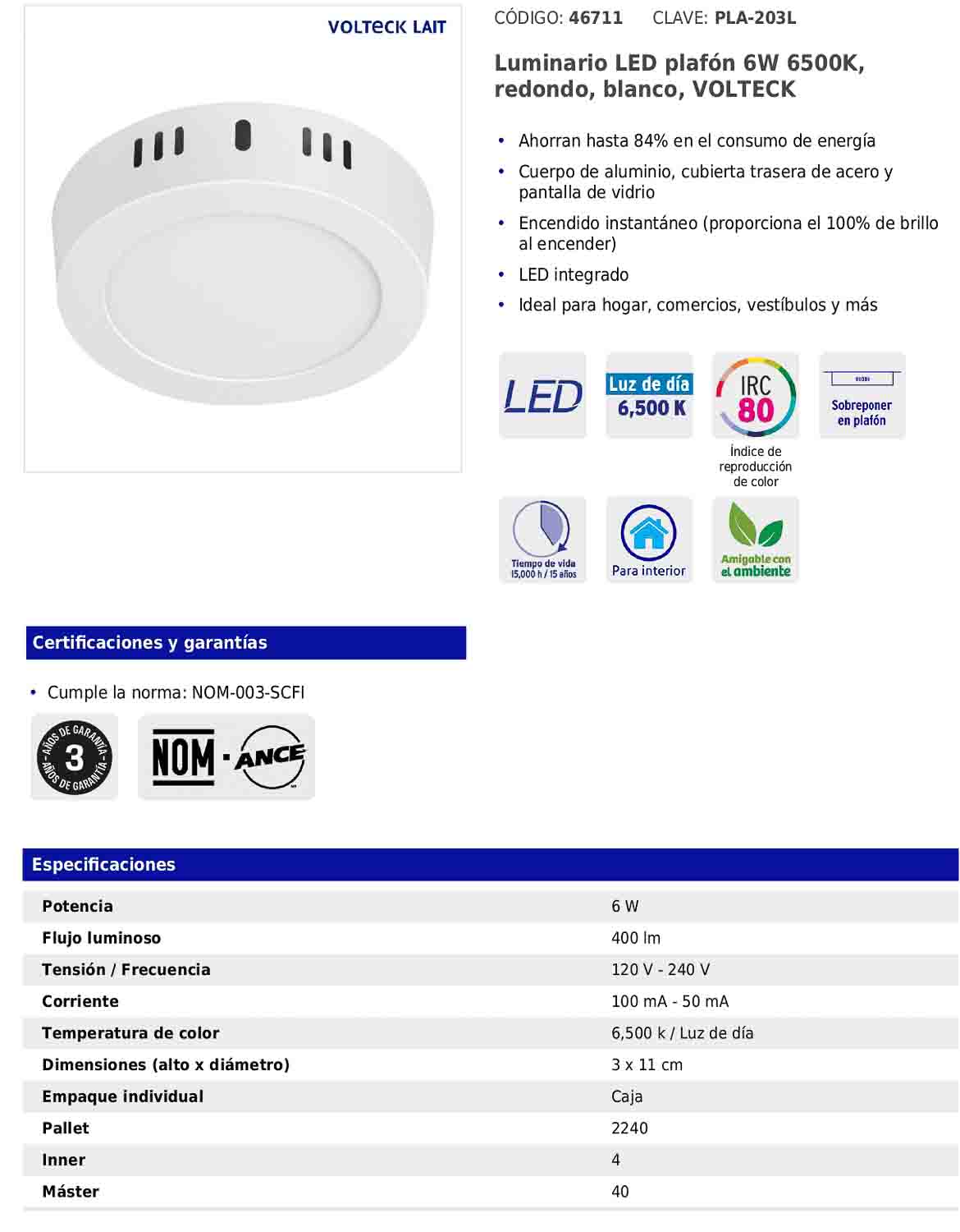 Luminario LED plafón de 6 W con luz de día redondo