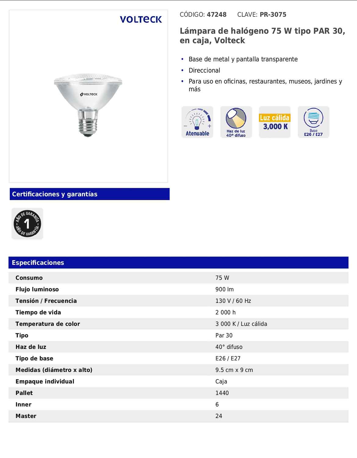 Lámpara halógena PAR30 de 75 W con luz cálida