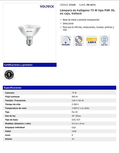 Lámpara halógena PAR30 de 75 W con luz cálida