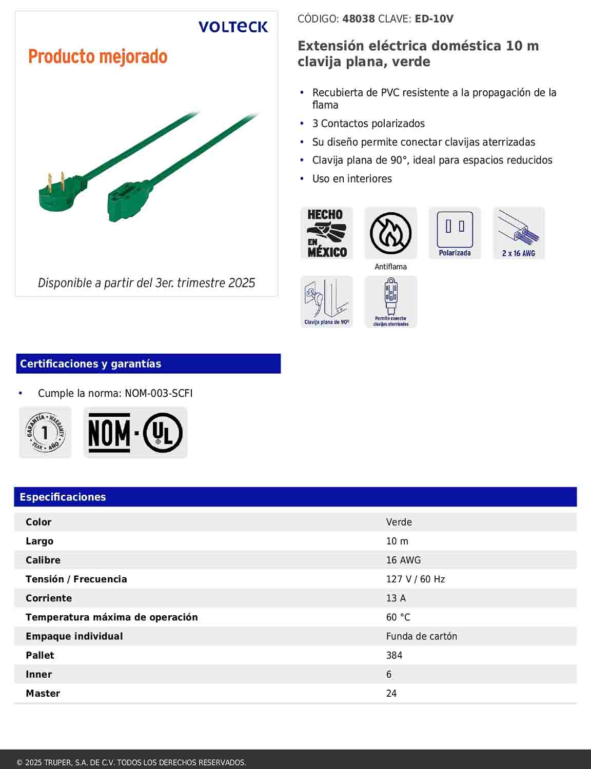Extensión eléctrica doméstica de 10 m con clavija plana verde