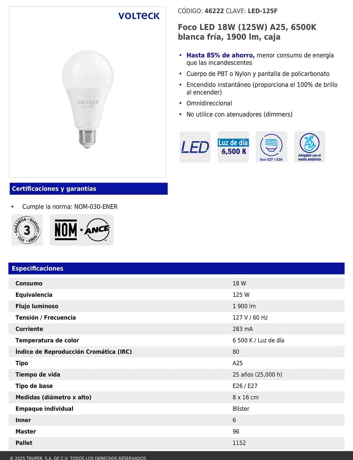 Foco LED 18W A25 6500K blanca fría 1900 lm