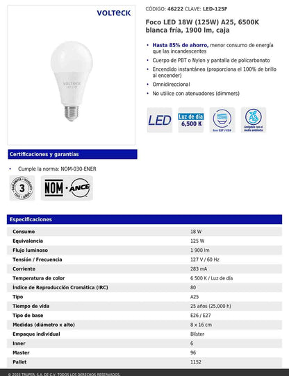 Foco LED 18W A25 6500K blanca fría 1900 lm
