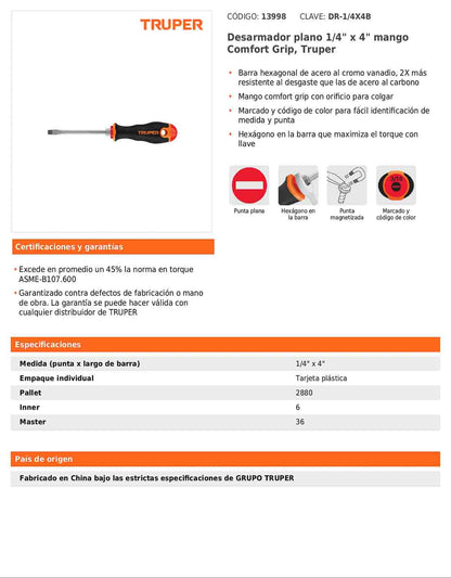 Desarmador plano de 1/4 con barra de 10.16 cm y mango Comfort Grip