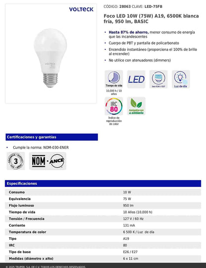 Foco LED 10W A19 6500K blanca fría 950 lm BASIC