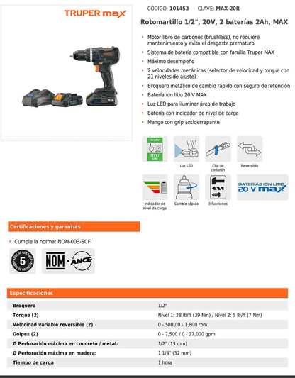 Rotomartillo inalámbrico de 1/2 in con batería 20 V y dos velocidades