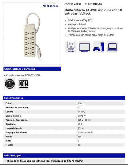 Regleta multicontacto de 10 entradas calibre 14 AWG para uso rudo