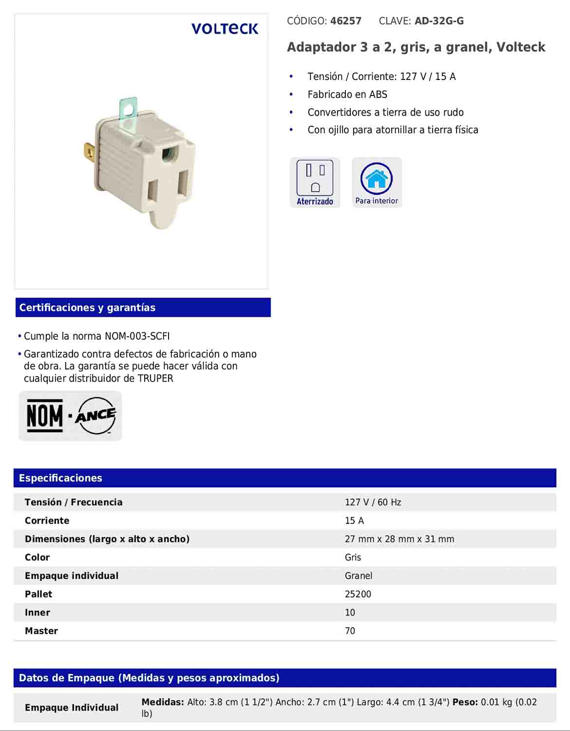 Adaptador de 3 a 2 gris con ojillo para tierra física