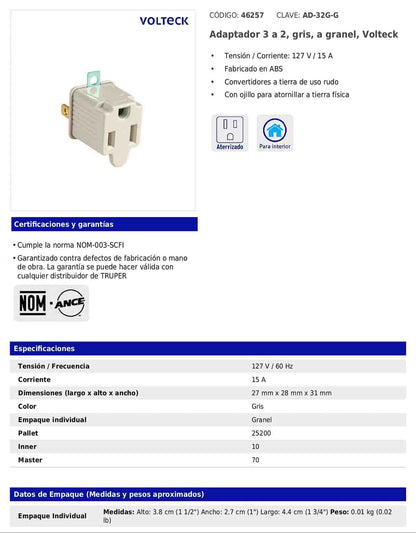 Adaptador de 3 a 2 gris con ojillo para tierra física