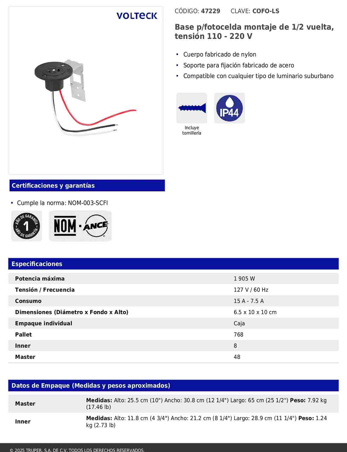 Base para fotocelda de montaje 1/2 vuelta con tensión de 110 – 220 V