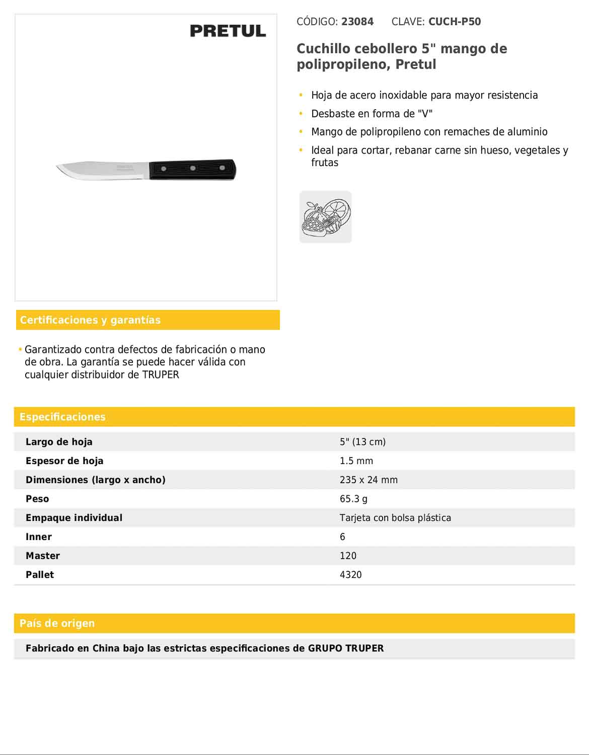 Cuchillo cebollero de 5 pulgadas con mango de polipropileno