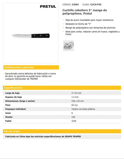 Cuchillo cebollero de 5 pulgadas con mango de polipropileno