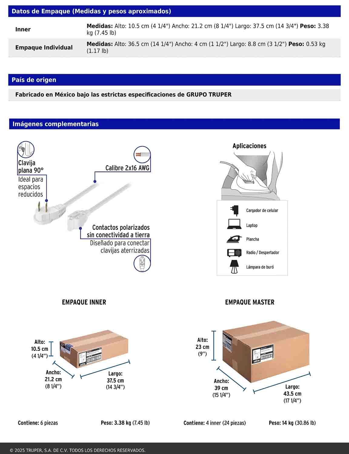 Extensión eléctrica doméstica de 10 m con clavija plana blanca