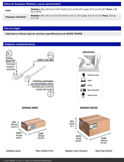 Extensión eléctrica doméstica de 10 m con clavija plana blanca